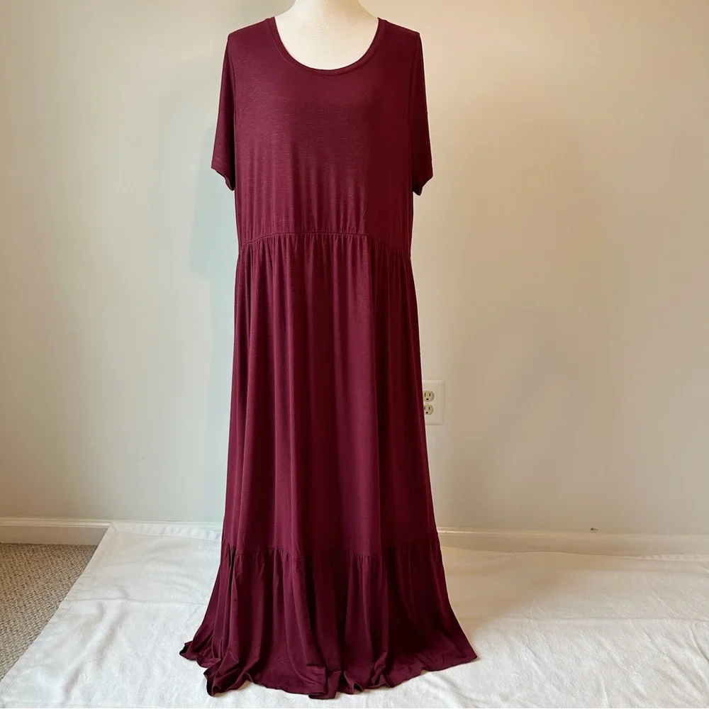 Lane Bryant Women’s Wine Burgundy Knit Flounce Maxi Dress, size 18/20 - Picture 1 of 16